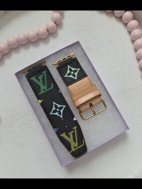 Louis Vuitton Multicolor Noir Monogram Black Leather Watch Band (Up-cycled)